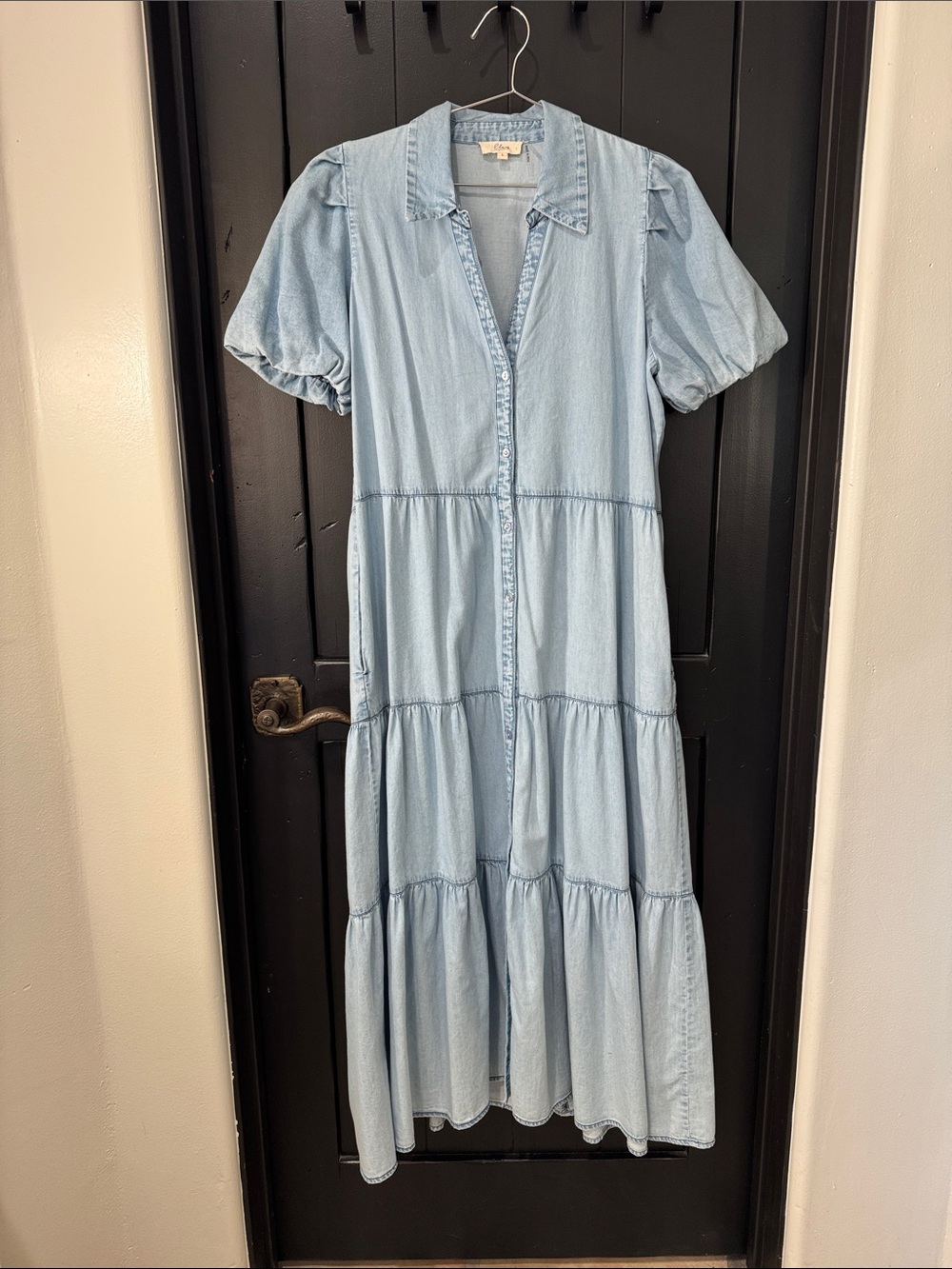 Large Light Wash Denim Tiered Button-Front Maxi Dress